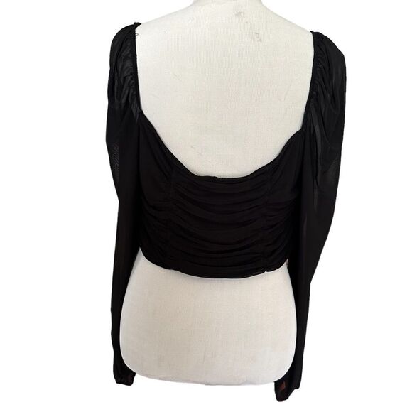 H&M Black Rushed Front Draped Bust Off Shoulder Long Sleeved Sheer Blouse Shirt - Picture 4 of 5